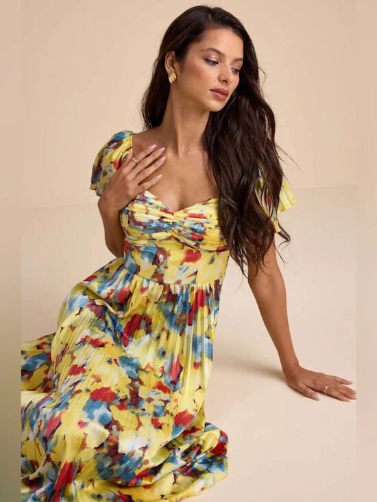 Lulus Dresses & Skirts - Lulus Authentically Yours Yellow Multi Abstract Print Satin Midi Dress - Size XL